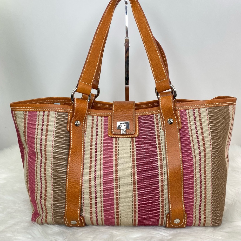 Lambertson Truex Large Striped Kansas Canvas and Leather Tote